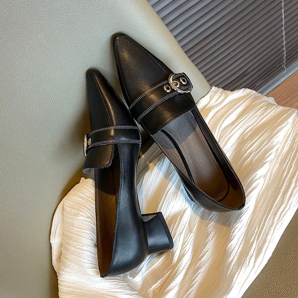 

womens genuine leather metal buckle retro slip-on pumps pointed toe elegant ladies dress evening shoes fashion shoes for women, Black