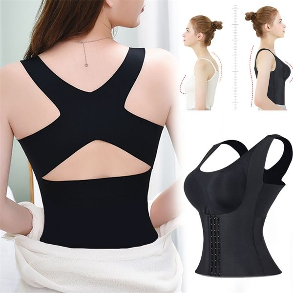 

women reducing girdle posture corrector bra seamless underwear slimming belly sheath cross back tank body fitness vest 210810, Black;white