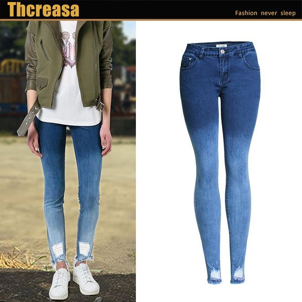 

women's jeans united states autumn hole gradient elastic torn cultivate morality show thin leg pants female pencil, Blue