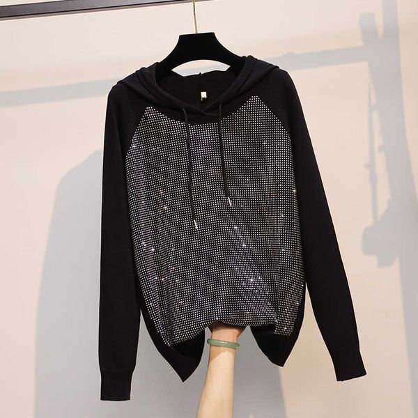 

plus size women autumn spring fashion shiny diamonds sweater long sleeve kint hooded oversized pullover sweaters jumper 210604, White;black