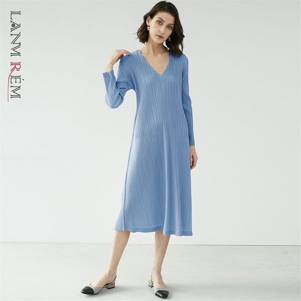 

summer dresses female fold simple and elegant v-neck pleated dress for women elaist loose clothes yj519 210526, Black;gray