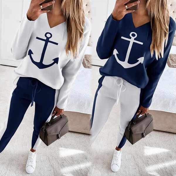 

style boat anchor print womenpant autumn spring t shirt two piece printing long sleeved v neck fashion women leisure trousers, White