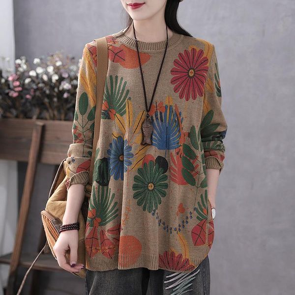 

women's sweaters sweater women 2021 winter woman pullovers literary retro floral leaves printed long sleeve casual loose, White;black