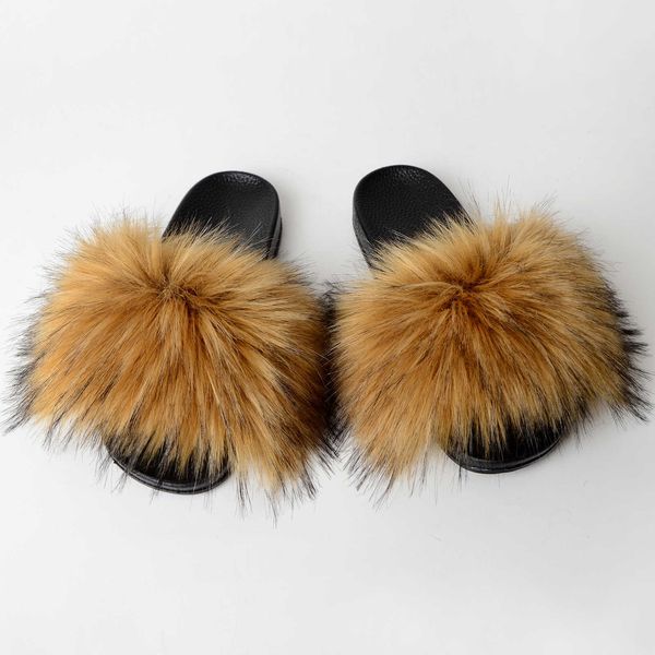 Popchrio Summer Faux Fur Slides Pantofole pelose da interno per le donne Migliori pantofole soffici peluche Sandali piatti Outdoor Raccoon Q0508