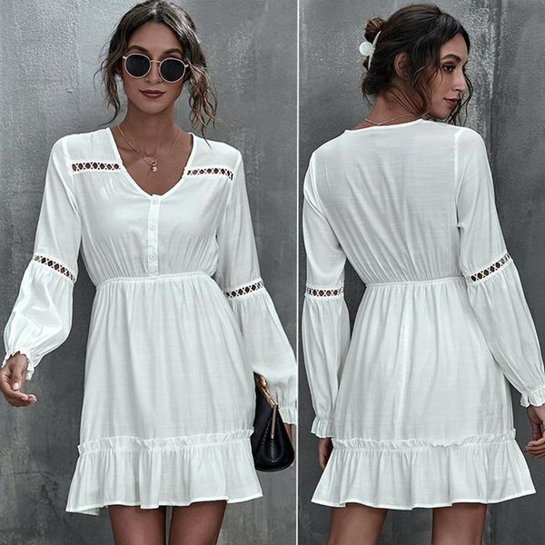 

women's french elegant v-neck stitching hollow slim waist dress women's white, Black;gray