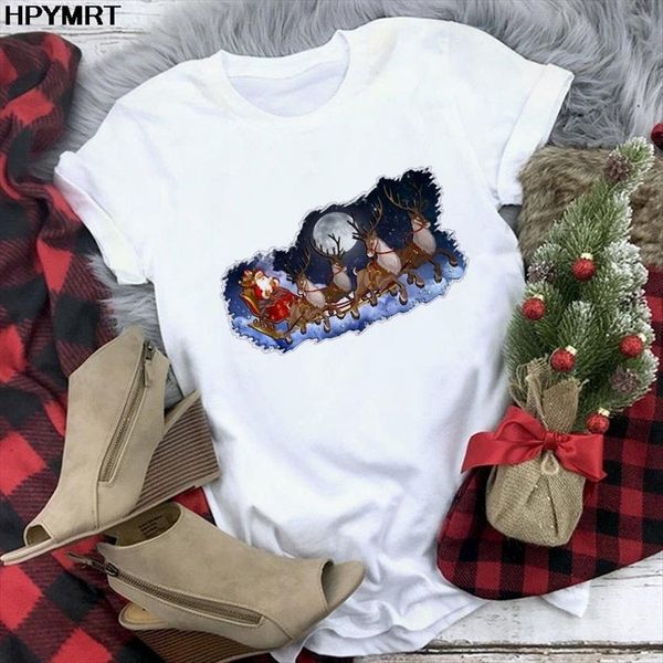 

merry christmas harajuku womens o neck kawaii santa reindeer streetwear summer casual clothing short sleeves, White