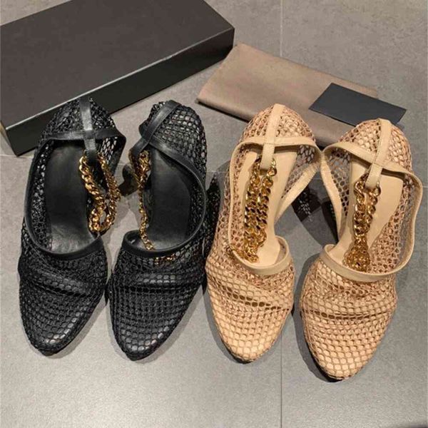 

70% off wholesale sandals flip-flops summer new red round head net super high thin heel metal chain sandals women's fashion, Black