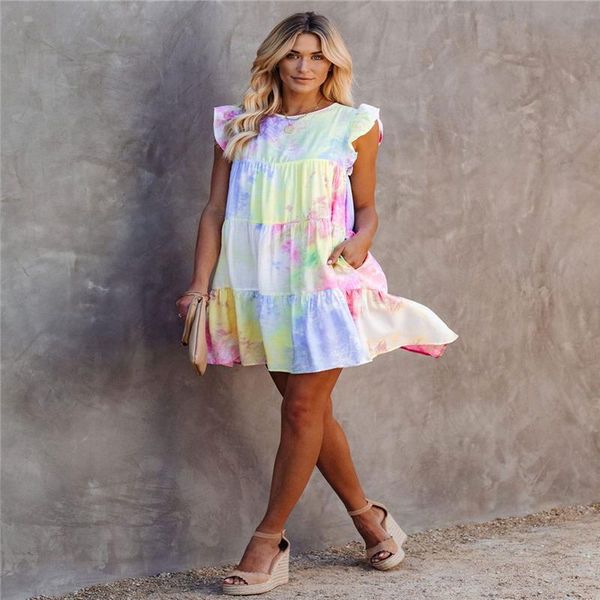 

casual dresses 2021 spring and summer european american tie dye printing gradient loose short sleeve dress for women, Black;gray