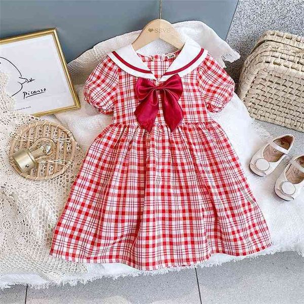 Moda Coreana xadrez Little Meninas Vestidos de Verão Laço de Verão Manga Curta Princesa Vestidos Vestidos Cute Infantil Fato da Escola 210715