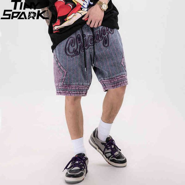 Pantaloncini cargo Hip Hop Streetwear Ricami a righe Denim Harajuku Jogger Summer Men Short Pocket