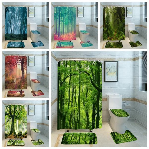 

shower curtains modern 3d printing green plant trees landscape forest curtain gray bath with hook toliet seat cover nonslip mat