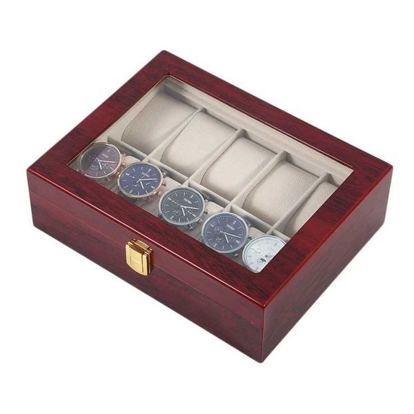 

10 grids retro red wooden watch display case durable packaging holder jewelry collection storage watch organizer box casket t200523, Black;blue