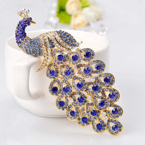 

fashion big size sapphire crystal peacock brooches golden corsage animal brooch pins for men women party jewelry, Gray