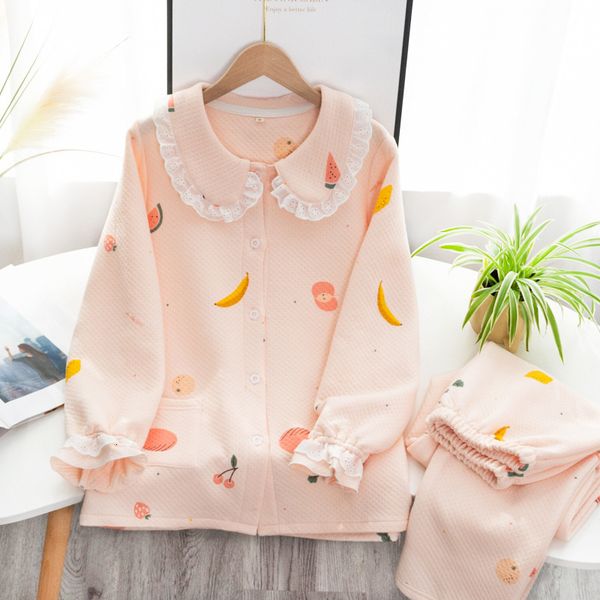 

2021 autumn and winter new fruit doll collar ladies home clothes cotton thickened long-sleeved trousers cartoon pajamas set kawaii hvp2, Black;brown