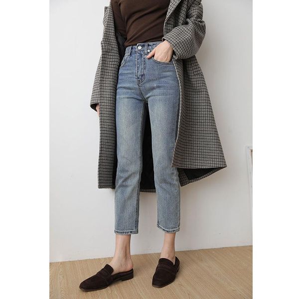 

women's jeans vintage straight women ankle length washed cotton pants denim blue