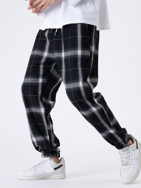 

men plaid drawstring waist joggers z2m4#, Black