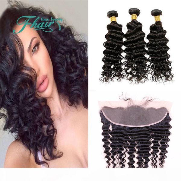

9a indian human hair with lace frontal closure 13x4 deep wave curly full lace frontal bleached knots with hair weave bundles 4pcs lot, Black