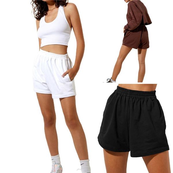 

women's shorts women loose style shorts, solid color elastic high waist sweatpants with pockets, black/ white/ beige/ brown, White;black