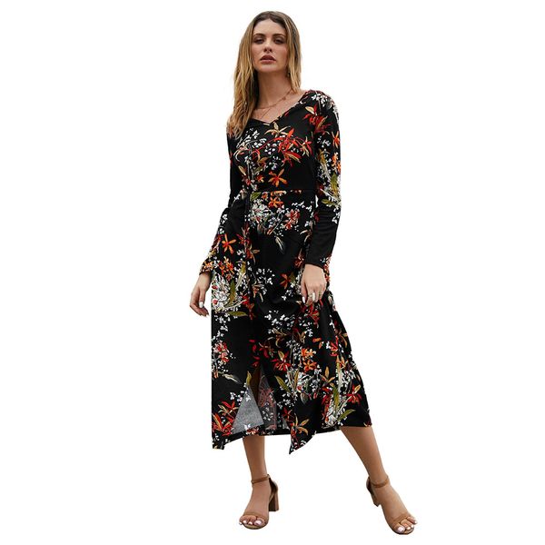 

womens autumn and winter new 2019 new long dress ladies v-neck printed waist-controlled split long sleeve dress, Black;gray