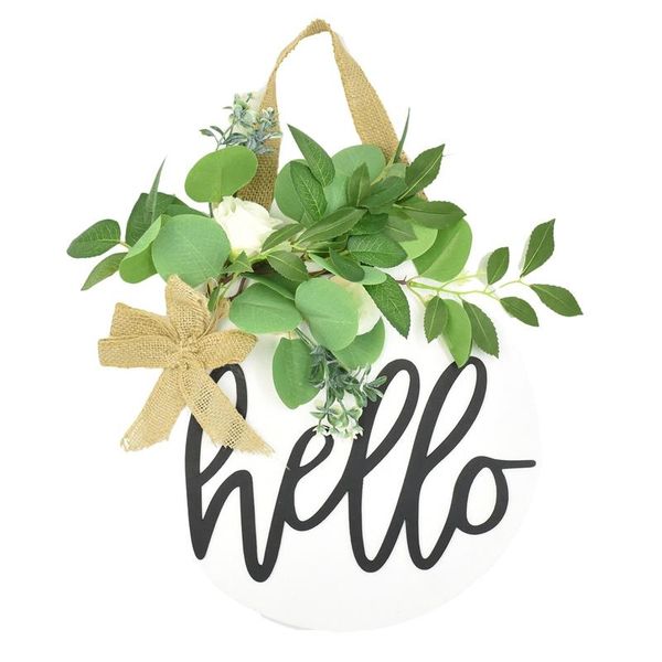 

hello sign rustic front door decor wreath round wood hanging sign farmhouse porch decorations for home, white