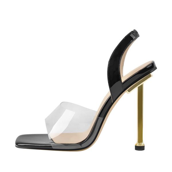 

dress shoes richealnana square open toe summer sandals golden metal heel back strap clear pvc concise modern ladies casual stilettos, Black