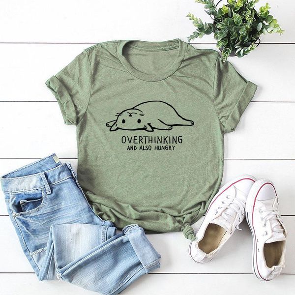 

women's t-shirt women t-shirts 100% cotton graphic tees plus size short sleeve female overthinking hungry cats print shirt tee clot, White