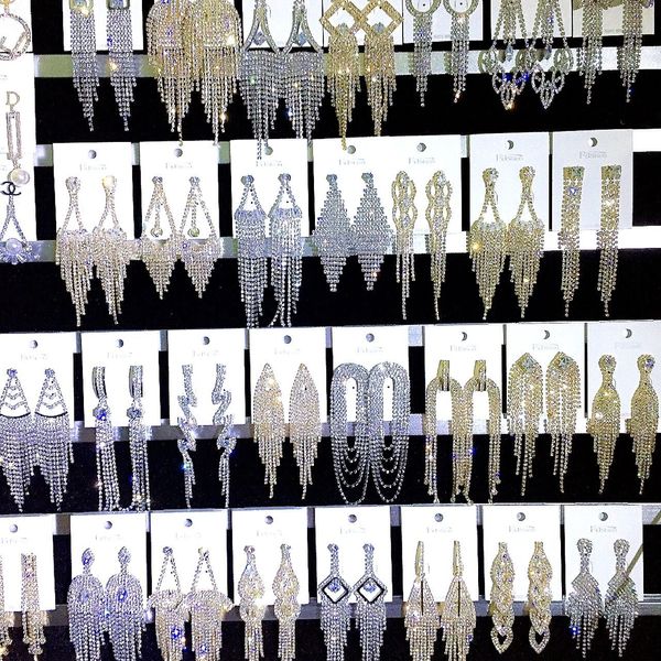Mode Bogen Schwerindustrie große Quaste lange Zirkon Strass baumeln Kronleuchter Ohrringe glänzend 925 Silber Nadel Mix 10 Stil