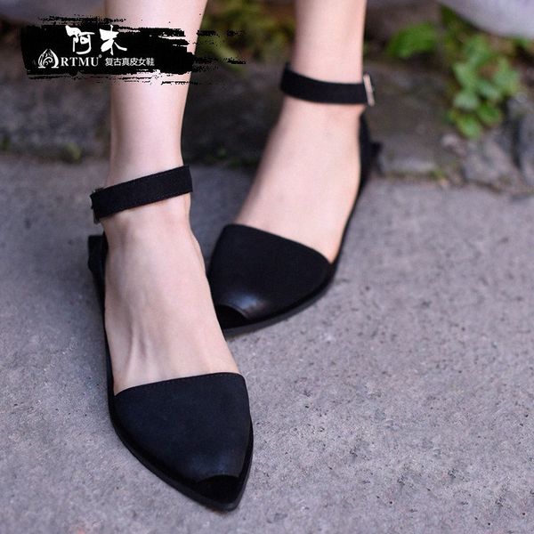 

artmu original retro genuine leather flat women sandals female pointed toe summer handmade elegant sandals 1516 w47c#, Black