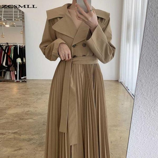 

zcsmll korean chic french temperament lapel double-breasted lace-up waist thinner mid-length long-sleeved pleated trench coat, Tan;black