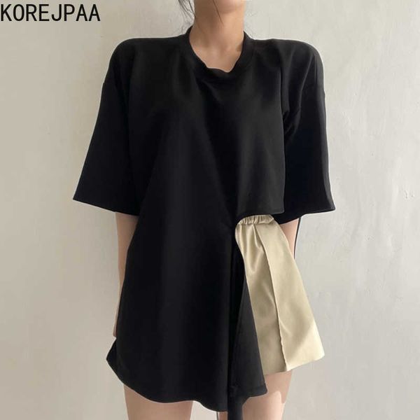 Korejpaa Frauen T-shirt Korea Sommer Einfache Rundhals Lose Einfarbig Joker Unregelmäßige Design Kurzarm T Top Weibliche 210526