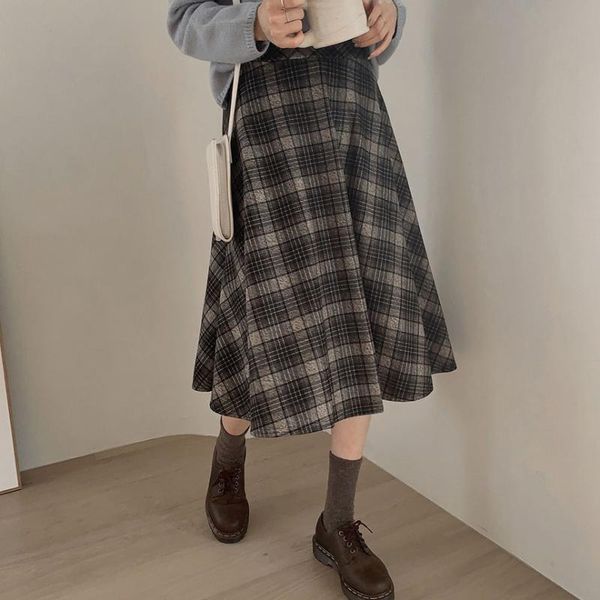 

skirts vintage chic plaid long shirt women high waist japanese-style preppy style tweed female 2021 spring, Black