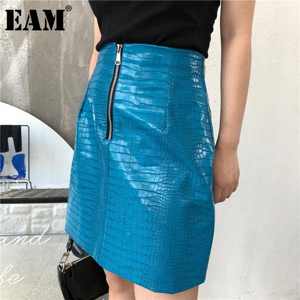 

eam] high waist blue pu leather zipper stitch temperament half-body skirt women fashion tide new spring autumn 2021 1da514, Black