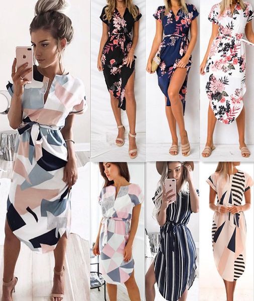 

summer fashion v-neck square print medium length dress women's 7 colors, Black;gray