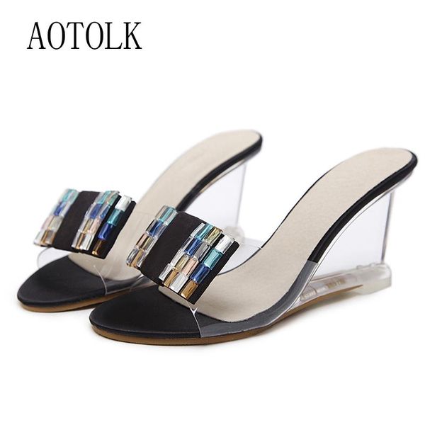 

sandals women wedges platform slippers crystal transparent high heel mules shoes plus size 34-41 black 2021 summer brand