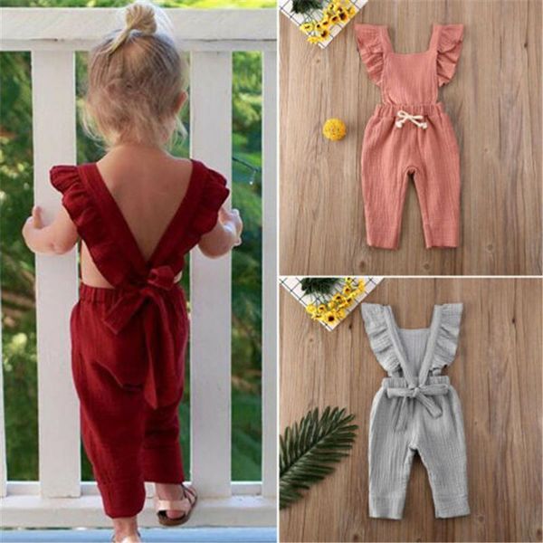 

jumpsuits born toddler kids baby girl breathable rompers ruffle sling square neck backless tied romper outfits sunsuit 0-3y, Blue