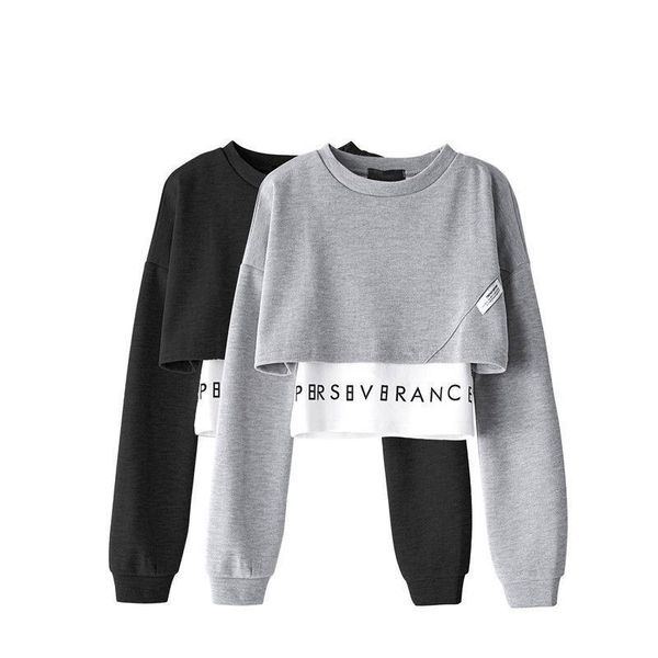 

women's t-shirt 2021 spring autumn fake two pices t shirt female casual streetwear long sleeve o neck pullover hoodie for women, White