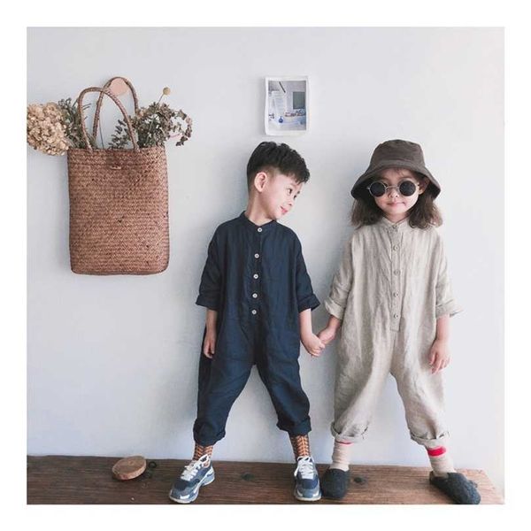 

spring autumn boys girls solid color linen long sleeve jumpsuits korean style toddler kids soft loose bodysuits 1-7y 211101, Blue