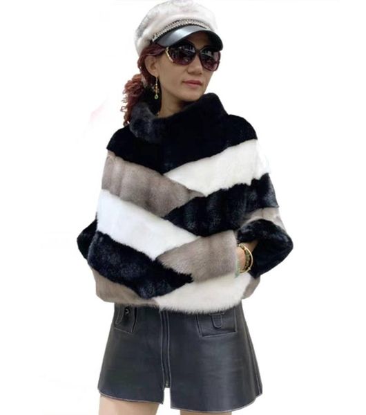 

women's fur & faux arlenesain real mink women short coat with chinese collar, Black