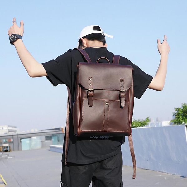 

backpack crazy horse leather pu men retro daypack women travel bag casual lapschool student bookbag brand teens rucksack