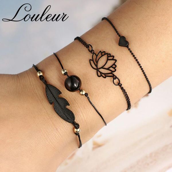 

link, chain louleur 4pcs/set fashion bohemian leaf knot bead link charm bracelet black love heart lotus ball leaves rope bracelets