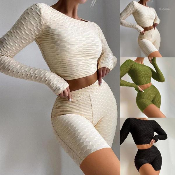 

women's tracksuits workout sets for women 2 piece seamless long sleeve crop blouse high waist shorts yoga pants outfits fitness gym clo, Gray
