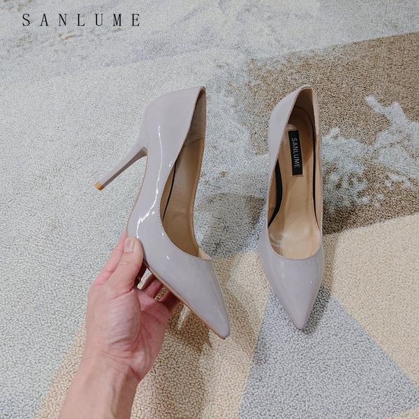 

dress shoes sanlume 10cm summer gray all leather pumps women woman high heels sandals slip on pointed toe, Black