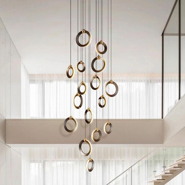 

chandeliers modern living room led chandelier lighting duplex rotating stairs aluminum rings hanging lamp restaurant black or gold fixtures