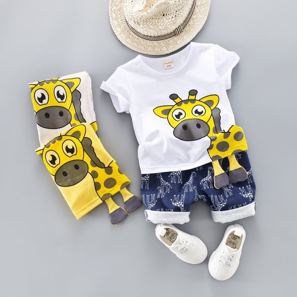 Bebek Giyim Rahat Karikatür Zürafa Baskılı Pamuk Gömlek Şort Erkek Giysileri 1-4 Yıl İki Parçalı Suit 210309
