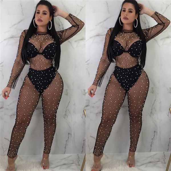 

women's jumpsuits & rompers black lace bodysuit women backless transparent body rivet jumpsuit 2021 catsuit bodysuits slim overalls, Black;white