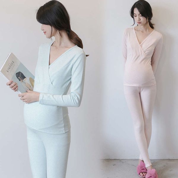 

color cotton pregnant women clothes pants set spring and autumn thermal underwear postpartum nursing pajamas pregnancy, White