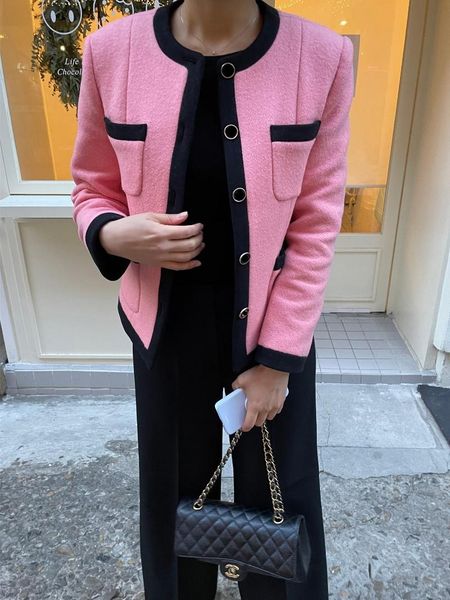 

women's jackets tweed retro elegant temperament round neck profile short coat 2021 autumn and winter korean style, Black;brown