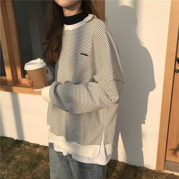 

autumn south korea ulzzang fashion loose striped thin section sweatshirt ins harajuku quilted o-neck casual women 210608, Black