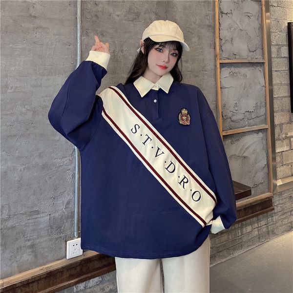 

2021 autumn new college style color matching polo shirt long-sleeved sweatshirt loose osjy, Black