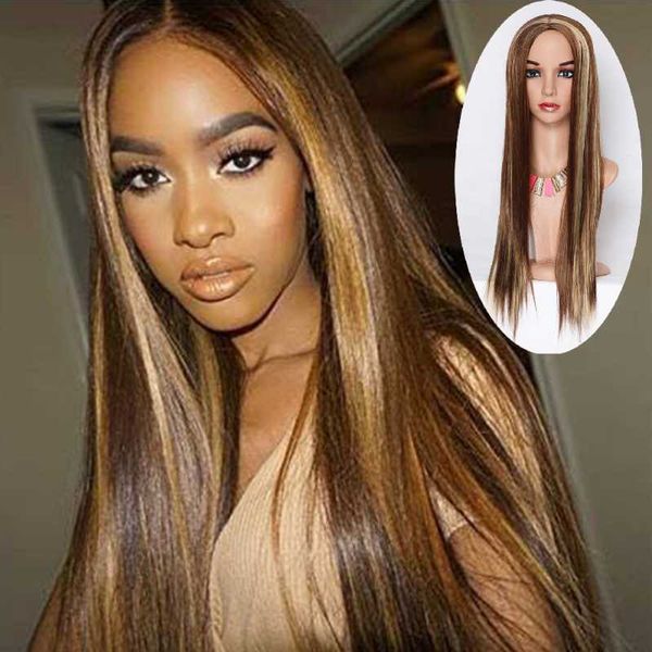 

synthetic wigs long straight brown blonde highlight wig heat resistant ombre natural skin middle part cosplay wigfor black women